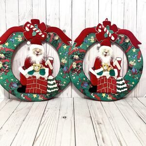Vintage Fabric Christmas Wreath Santa Claus Wall Decorations Set of 2